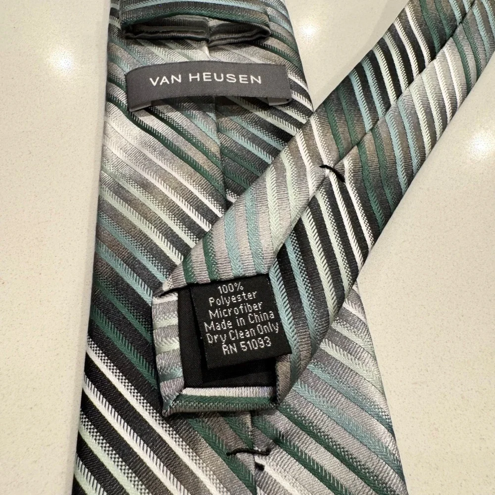 Van Heusen Mens Necktie Grey Green White Diagonal Striped Microfiber Tie